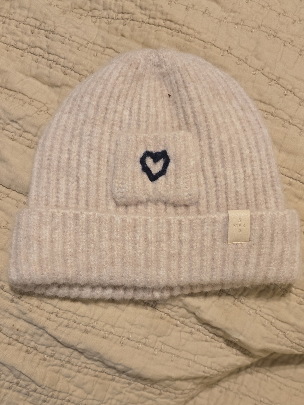 Mer Sea Kids Cream Knit Beanie with Heart Detail